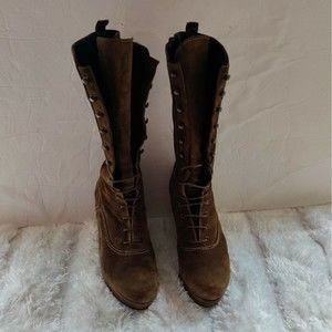 FARRUTX Tall Suede Lace Up Wedge Brown Boots EU 36/US 5.5 Made in Spain New